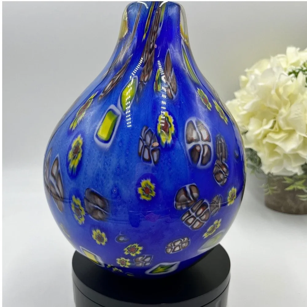 Heavy Vintage Murano Style Millefiori Art Glass Vase Blue Bulb Hand Blown >5 Ibs
